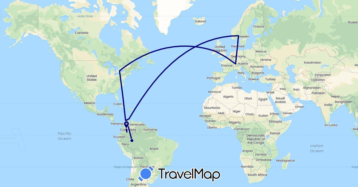 TravelMap itinerary: driving in Canada, Switzerland, Colombia, Ireland, Norway (Europe, North America, South America)